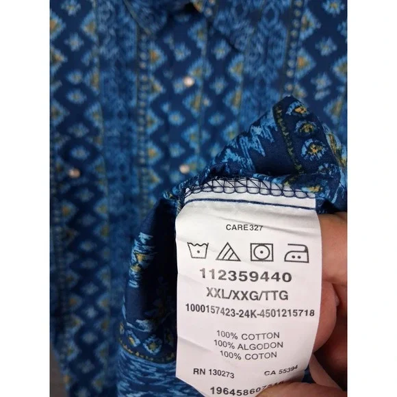 Wrangler Mens Shirt 2XL Blue Pearl Snap Aztec Southwestern Tribal Checotah Rodeo